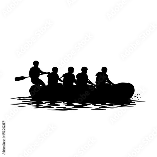 Silhouette of a raft with five people paddling on water activity isolated on white background Vector Illustration