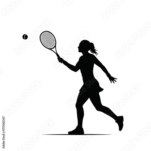 Silhouette of a woman playing tennis swinging her racquet at the ball isolated on white background Vector Illustration