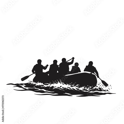 Silhouette of a group of people rafting down a river with paddles isolated on white background Vector Illustration
