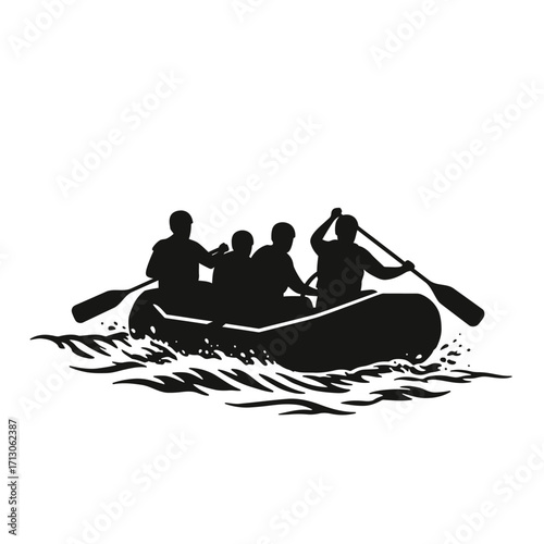 Silhouette of a group rafting down a river paddling with oars creating water splashes and waves isolated on white background Vector Illustration