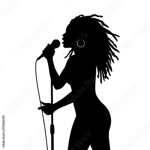 Silhouette of a singer with dreadlocks performing into a microphone isolated on white background Vector Illustration