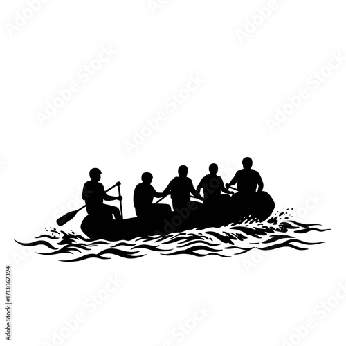 Silhouette of five people rafting down a river together enjoying outdoor adventure isolated on white background Vector Illustration