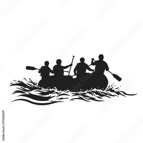Silhouette of a raft with four people paddling down rushing water isolated on white background Vector Illustration