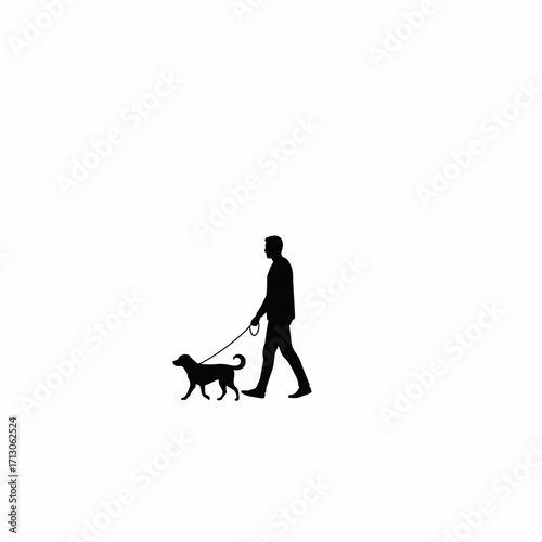 Silhouette of person walking dog on leash outdoors showing companionship and outdoor activity isolated on white background Vector Illustration