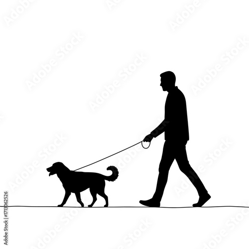 Silhouette of a man walking his dog outdoors on a leash isolated on white background Vector Illustration