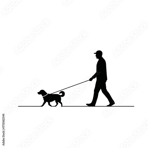 Silhouette of person walking dog on leash outdoors casual scene isolated on white background Vector Illustration