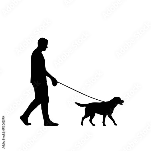 Silhouette of a man walking his dog on a leash outdoors enjoying a stroll isolated on white background Vector Illustration