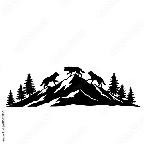 Silhouette of three wolves running on mountain peaks surrounded by pine trees wild nature scene isolated on white background Vector Illustration