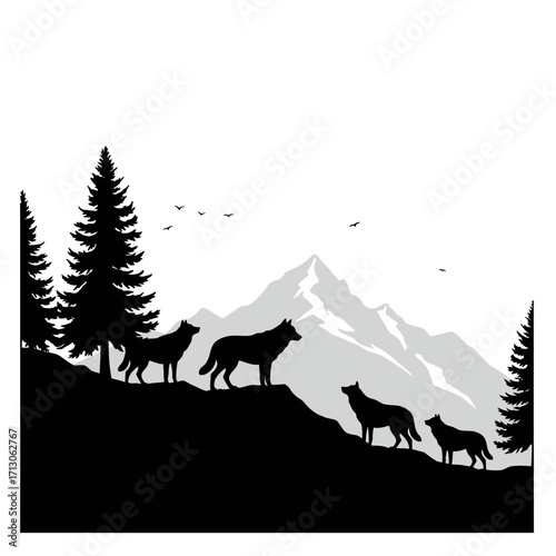 Majestic mountain landscape with silhouettes of a wolf pack exploring the wilderness isolated on white background Vector Illustration