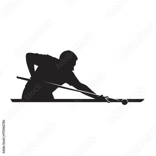 Silhouette of a pool player aiming a shot in a dynamic pose on a clean isolated on white background Vector Illustration