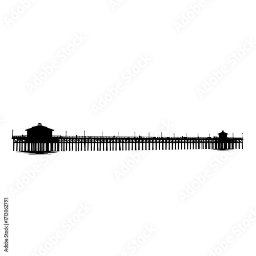 Silhouette of a long wooden pier extending over water with small structures at either end isolated on white background Vector Illustration