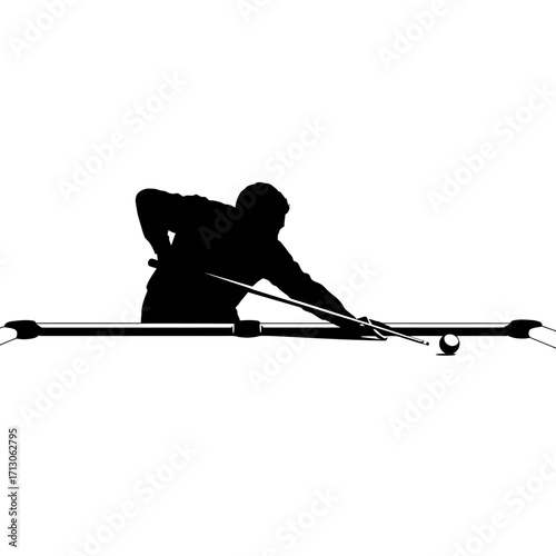 Silhouette of a pool player aiming a shot on a billiard table with cue stick isolated on white background Vector Illustration