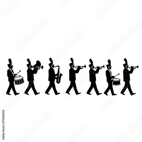 Marching band silhouette performers playing instruments lively procession music ensemble isolated on white background Vector Illustration