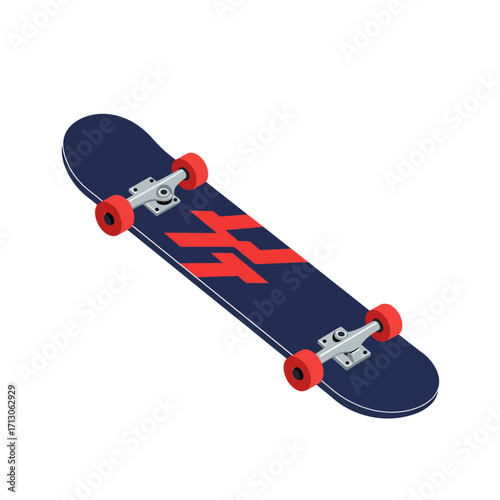 Dynamic skateboard with red accents on deck and wheels for extreme sports enthusiasts isolated on white background Vector Illustration