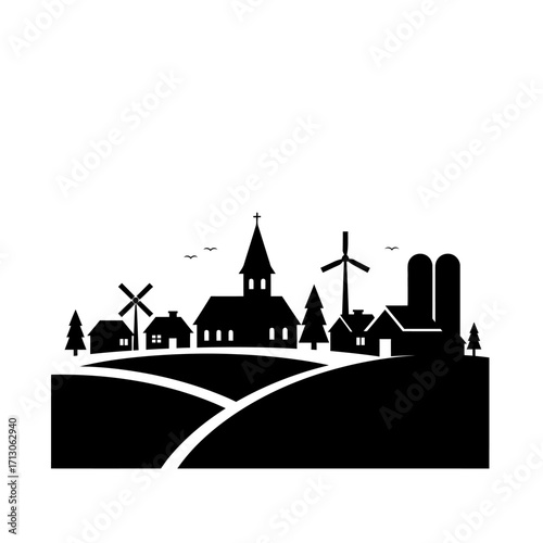 Silhouette of a charming rural village scene with church and windmills isolated on white background Vector Illustration