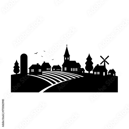 Black silhouette of a charming rural village with farmland and a church tower scenic landscape isolated on white background Vector Illustration