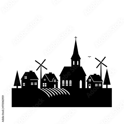Charming silhouette of a rural village with church and windmills captures quaint countryside charm isolated on white background Vector Illustration