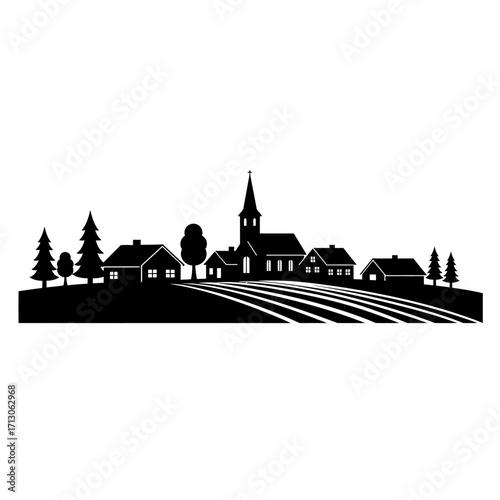 Charming rural village silhouette featuring church trees and homes on rolling hills landscape isolated on white background Vector Illustration