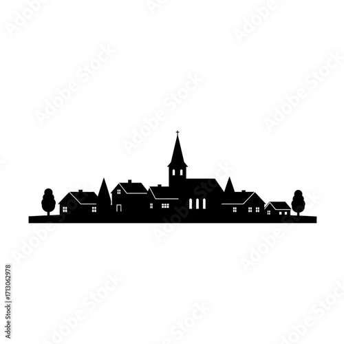 Silhouette of a charming village skyline with church and trees detailed architectural village scene isolated on white background Vector Illustration