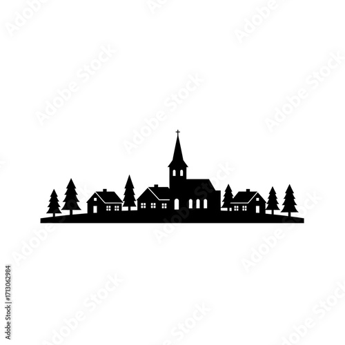 Silhouette of a charming village scene with church and trees creating a peaceful horizon isolated on white background Vector Illustration