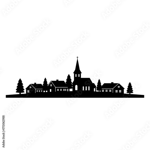 Silhouette of a charming village skyline with church tower and trees isolated on white background Vector Illustration