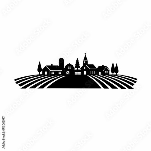 Silhouetted rural hamlet farm buildings church and rolling fields landscape scene isolated on white background Vector Illustration