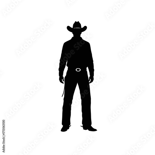 Silhouette cowboy standing tall iconic western figure with hat and belt buckle isolated on white background Vector Illustration