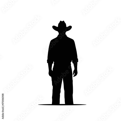 Iconic cowboy silhouette standing ready with western hat and handgun western theme isolated on white background Vector Illustration