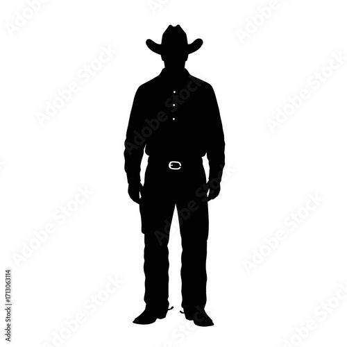 Silhouette of a cowboy standing confidently with hat and belt buckle ready for the wild west adventure isolated on white background Vector Illustration
