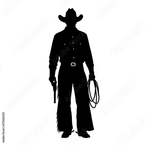 Silhouette of a cowboy holding a revolver and lasso ready for the wild west isolated on white background Vector Illustration