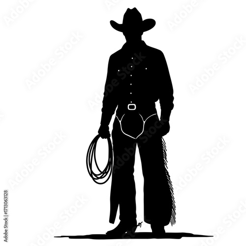 Silhouette of a cowboy holding a lasso ready for action western scene art isolated on white background Vector Illustration
