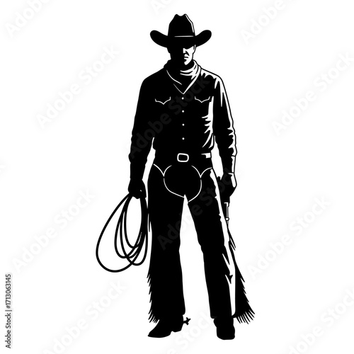 Silhouette cowboy with lasso ready for action iconic western character posed confidently isolated on white background Vector Illustration