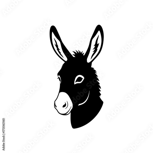 Black silhouette of a donkey head with long ears and a friendly expression isolated on white background Vector Illustration