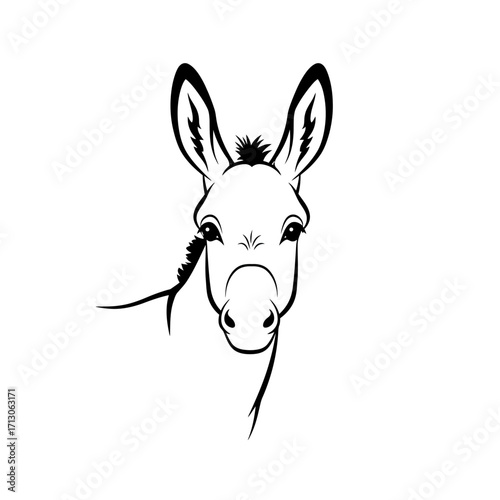 Line art donkey head portrait simple black and white farm animal graphic isolated on white background Vector Illustration