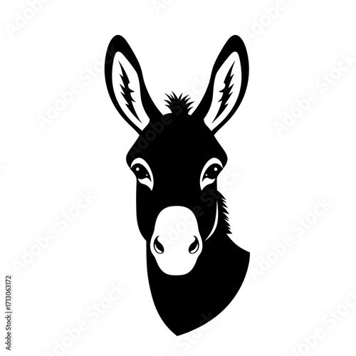 Silhouette portrait of a black donkey head with large ears and white muzzle and eyes isolated on white background Vector Illustration
