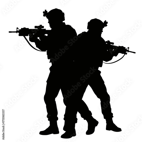Silhouette of two soldiers with rifles in tactical stance ready for action isolated on white background Vector Illustration