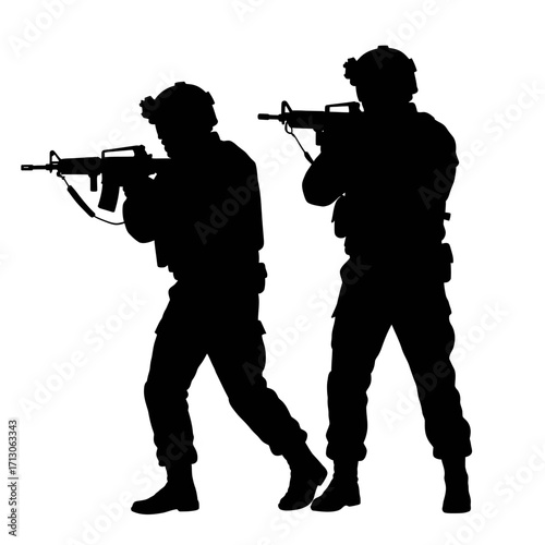 Silhouette of two soldiers in tactical gear aiming assault rifles in unison ready for action isolated on white background Vector Illustration