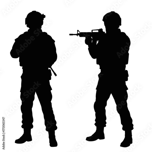Silhouette of two soldiers one standing ready one aiming a rifle military combat figures modern warfare art isolated on white background Vector Illustration