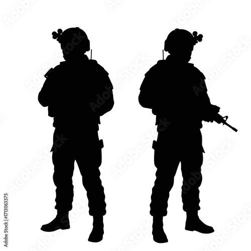 Silhouette of two soldiers in tactical gear holding rifles ready for action military elite forces isolated on white background Vector Illustration