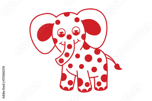 Red polka dotted cartoon elephant happily smiles on the white background with a playful expression