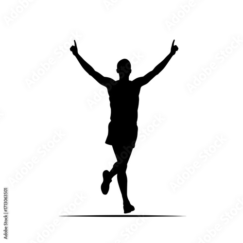 Silhouette of a victorious runner crossing the finish line with arms raised in triumph isolated on white background Vector Illustration