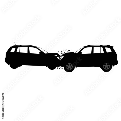 Two cars collide head-on in a dramatic traffic accident scene silhouetted image isolated on white background Vector Illustration