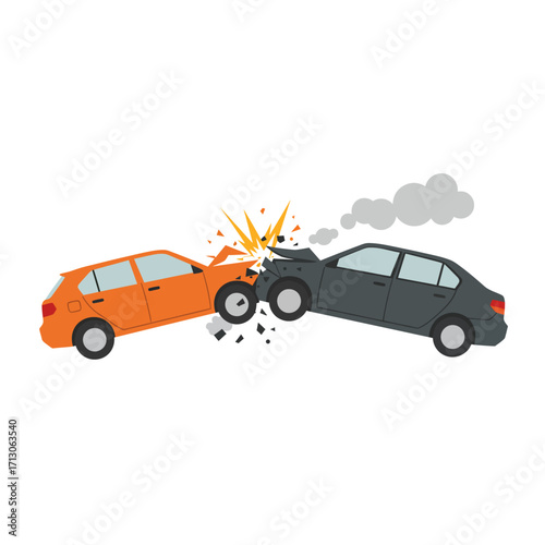 Two cars collide in dramatic accident illustration with debris and smoke isolated on white background Vector Illustration