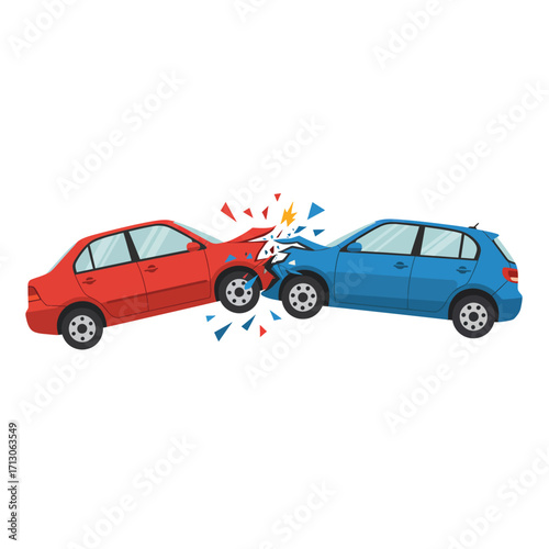 Red sedan and blue hatchback car collision accident depicting traffic safety and vehicle impact scene isolated on white background Vector Illustration