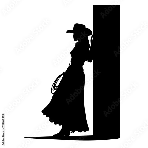 Silhouette of a western cowgirl leaning against a post with lasso ready for action isolated on white background Vector Illustration