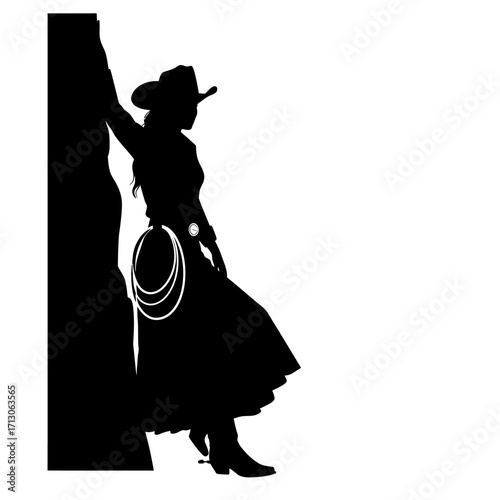 Silhouette of a cowgirl leaning on a tree with a lasso western country style art isolated on white background Vector Illustration