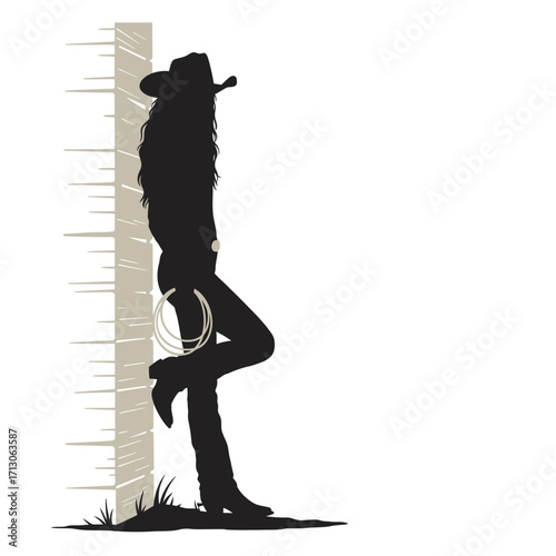 Silhouette of a cowboy leaning against a fence post with western charm and rustic appeal isolated on white background Vector Illustration