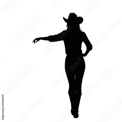 Silhouette of a woman in cowboy hat and boots leaning arm on invisible surface isolated on white background Vector Illustration