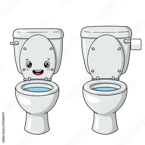 Cute cartoon toilet with smiling face next to standard toilet for bathroom design and hygiene concepts isolated on white background Vector Illustration