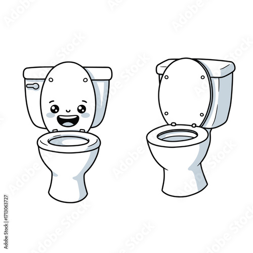 Two toilets one happy cartoon character toilet another standard porcelain fixture isolated on white background Vector Illustration
